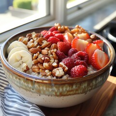 Canvas Print - oatmeal with berries and nuts in a plate