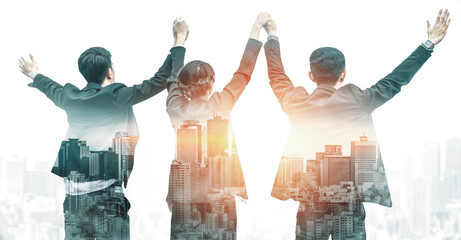 Wall Mural - double exposure image of many business people conference group meeting on city office building in ba