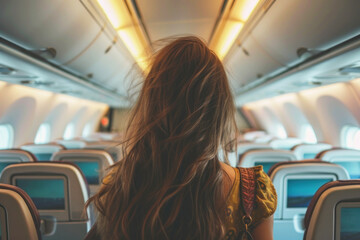 Back view of a woman traveling on an airplane