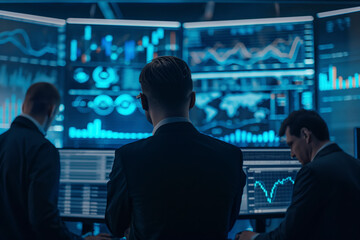 Poster - Three men in suits are looking at computer screens with graphs and numbers. They appear to be focused and attentive, possibly analyzing data or making important decisions. The atmosphere seems serious