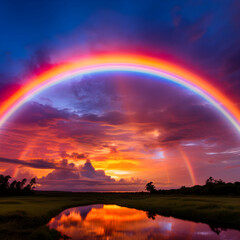  Ethereal Twilight Sky with Spectacular Double Rainbow Arcing over a Serene Landscape