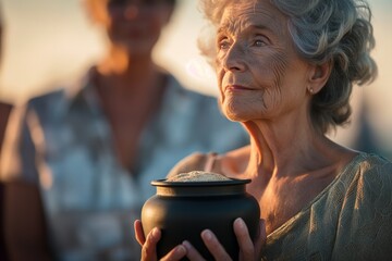 an elderly woman with her family, holding a black urn with ashes. Funeral concept. Final resting place for a departed soul.