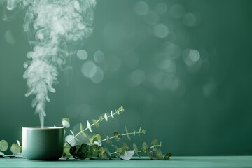 an essential aroma oil diffuser on the table, nearby eucalyptus, minimalism, green background, copy 