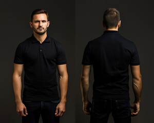 Wall Mural - Front and back views of a man wearing a black polo shirt mockup template