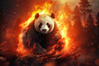 A panda bear is sitting atop a pile of fire, escaping a forest fire, highlighting the environmental issue