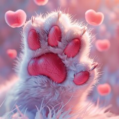 Wall Mural - A paw with pink nails and a heart in the background