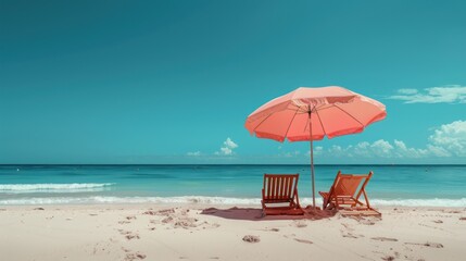 Two deck chairs under a pink umbrella on a bright blue beach