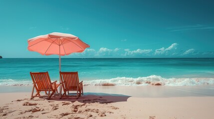 Two deck chairs under a pink umbrella on a bright blue beach