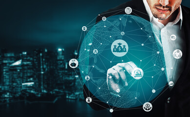 Finance and Money Transaction Technology Concept. Icon Graphic interface showing fintech trade exchange, profit statistics analysis and market analyst service in modern computer application. uds