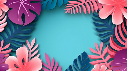 Wall Mural - trendy summer border with tropical leaves in paper cut