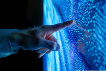 Poster - A hand pointing at a blue digital screen with a lot of dots. Concept of curiosity and exploration, technology. The dots on the screen could represent future