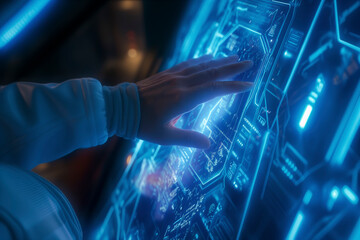 Poster - A person is touching a blue screen with a computer chip on it. Concept of technology and innovation, as the person interacts with the advanced display. The blue color of the screen adds a futuristic