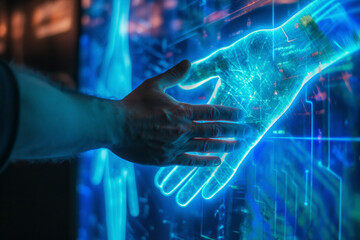 Poster - A hand is touching a digital screen with a blue hand. Concept of connection and interaction between the two hands
