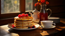Warm Cozy Kitchen With A Table Set For Pancakes,
Pancakes For Breakfast With Golden Syrup