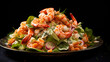 bowl of salad with shrimp, in a dark moody environment, delicious boiled shrimp salad 
