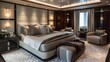 Elegant Wenge Paneling and Luxurious Gray Bed Adorn Contemporary Bedroom Design