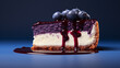 piece of blueberry cheesecake, cheesecake flavor, side view with blueberry jam dripping