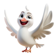 Wall Mural - Angled view of a 3D cartoon illustration of cute Dove smiling excitedly isolated on a white transparent background