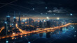 Smart Connected city skyline at night. Futuristic network concept, IOT Technology, smart city with night lights and connecting lines, superior technology and bright future concept