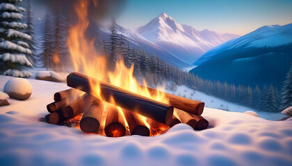 Wall Mural - A campfire in a snowy valley with mountains in the background