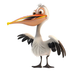 Wall Mural - Angled view of a 3D cartoon illustration of cute Pelican smiling excitedly isolated on a white transparent background
