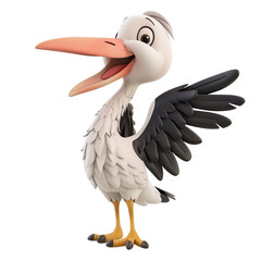Wall Mural - Angled view of a 3D cartoon illustration of cute Stork smiling excitedly isolated on a white transparent background