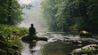 © sommersby - A person is seated on a rock in the middle of a fast-flowing river, surrounded by water