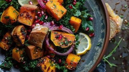 Poster - Roasted butternut squash salad with kale, pomegranate seeds, croutons, and a drizzle of dressing