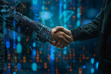 Poster - Two people shaking hands in a business setting. Scene is professional and formal. The handshake symbolizes agreement and trust between the two individuals