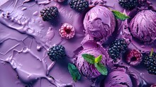 Purple Ice Cream With Fresh Blackberries And Cosmos Flowers On A Textured Lavender Background