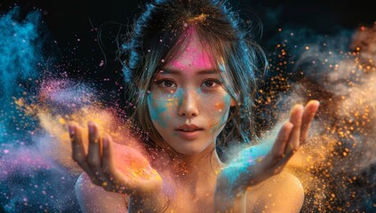 Canvas Print - Portrait of a beautiful young asian woman with colored powder on her face