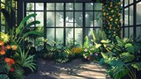 Fototapeta Storczyk - Tło na aplikacje zoom z różnymi rodzajami roślin doniczkowych z dużym oknem z wieloma ramami.