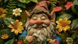 Pomnik krasnala ogrodowego z uśmiechem, wąsem i brodą oraz czapką czerwoną, otoczony kwiatami wiosennymi.