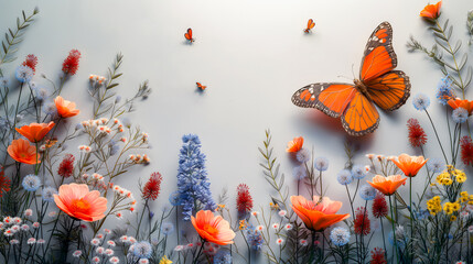 Wall Mural - Colorful flowers and butterfly on blue sky background, nature concept