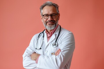 Confident endocrinologist in lab coat with stethoscope against a coral background