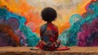 African American woman meditating in lotus pose on a colorful abstract background