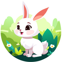 fluffy white rabbit hops through a green field with a curious expression.