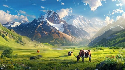 Wall Mural - beautiful breathtaking scenery photo, mountains, green grass, cows, high contrast, sunny day