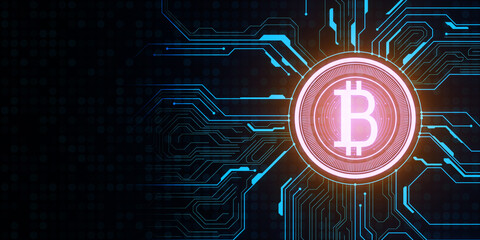Poster - Creative bitcoin circuit hologram on wide dark blue background with mock up place. Cyber hologram and cryptocurrency concept. 3D Rendering.