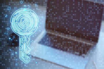 Sticker - Close up of laptop computer with creative fingerprint key on blue background. Concept of cyber security or private key in cryptocurrency technology. 3D Rendering.