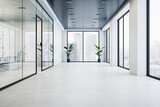 Fototapeta  - Modern glass office corridor interior with concrete flooring, window with city view and reflections. 3D Rendering.