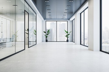 Poster - Modern glass office corridor interior with concrete flooring, window with city view and reflections. 3D Rendering.