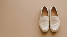 White lather loafer mules shoes on beige with  copy space. generative ai 