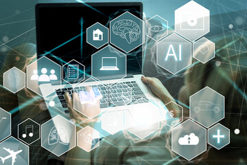 Aufkleber - Manager Technical Industrial Engineer working and control robotics with monitoring system software and icon industry network connection on tablet. AI, Artificial Intelligence.