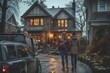 A chilly evening scene with two friends walking together towards a warmly lit suburban home, capturing the essence of comfort and friendship