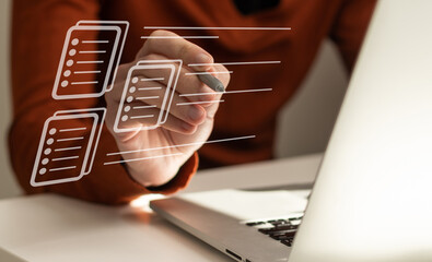 Leinwandbilder - business technology hologram business icon virtual screen. A man typing hologram screen. technology virtual screen laptop, document, cloud office storage.