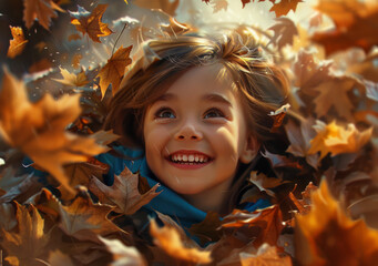 Sticker - Happy little child baby girl laughing and playing in the autumn on the nature walk outdoors