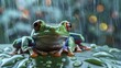 A frog seeks refuge under a leaf in the rain, against a backdrop of an eco-friendly city symbolizing environmental care.