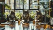 Wolves in a boardroom, each representing a department, working together to form a cohesive strategy, embodying teamwork and unity in corporate structure.