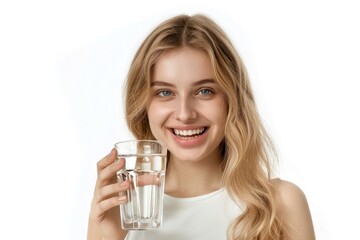 Sticker - photography of happy blond woman holding a glass of water, radiant smooth skin, isolated on white background